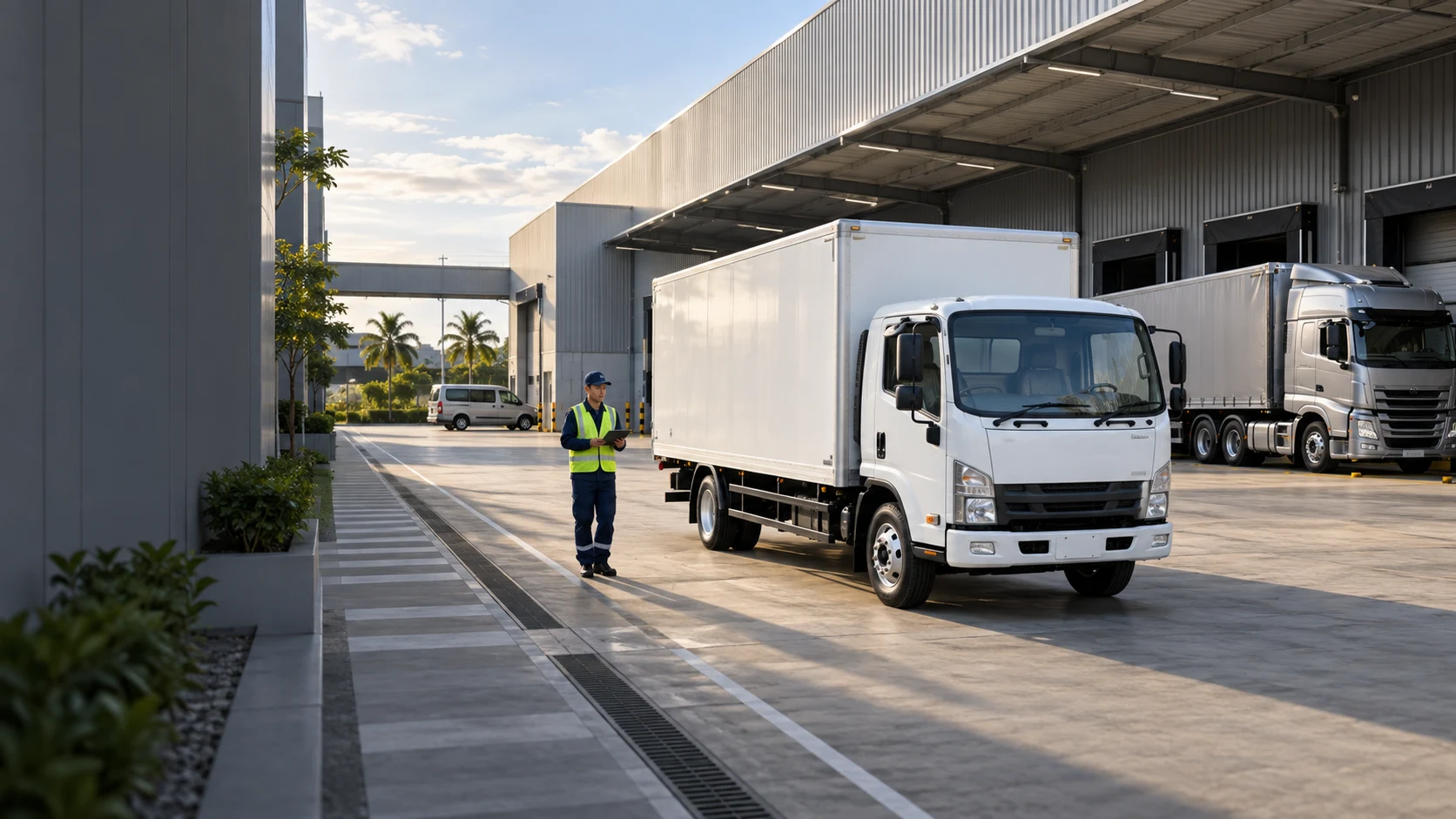 Concept factory yard with lorries and a dispatch supervisor