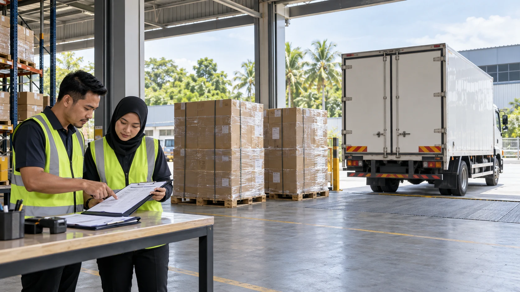 AI concept: warehouse staff checking a packing document beside cartons and a parked freight truck